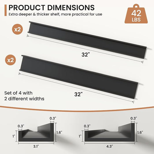 Fun Memories Picture Ledge Shelves Set of 4, 32 Inch Rustic Wall Mounted Floating Shelves with Lip for Home Storage and Décor in Bathroom, Kitchen, Nursery, Bedroom, Living Room, Black