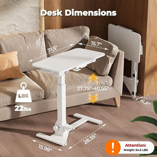 JOY worker Foldable Overbed Bedside Table, 180Β° Tiltable Mobile Standing Desk with Wheels, 31.5" Pneumatic Height Adjustable Rolling Laptop Desk for Home & Hospital Use, Easy Storage, White