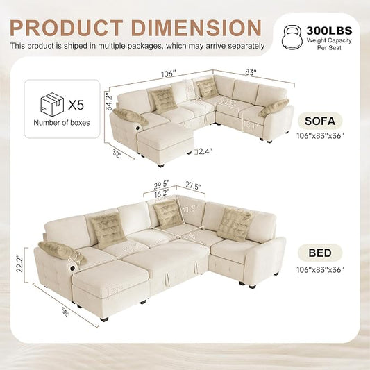 Hanherry Sectional Couch with Pull Out Sofa Bed,Chenille Sleeper Sofa with Storage Ottoman & USB Charging,Comfy L Shaped Modular Couches for Living Room,Apartment
