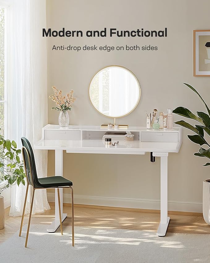 Marsail 48x24 inch Glass Standing Desk with Drawers, Computer Desk with Monitor Stand, Home Office Adjustable Table with Drawers, 4 Preset Heights, Stand up Table for Home, Office, White