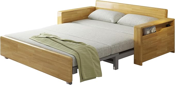 59" 3 in 1 Convertible Sleeper Sofa with Storage, Grey Soft Cushion Sectional Couch, Reversible Chaise, Solid Wood Log Color Frame Pull-Out Bed for Living Room, Apartment, Office