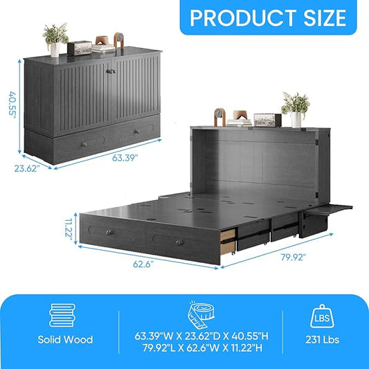 PUREMIND Murphy Bed Queen - Solid Wood - Hideaway Cabinet Bed with Storage Drawers, USB Charging Ports - Space Saving Wallbed for Home, Guest Room, No Mattress Included, Gray