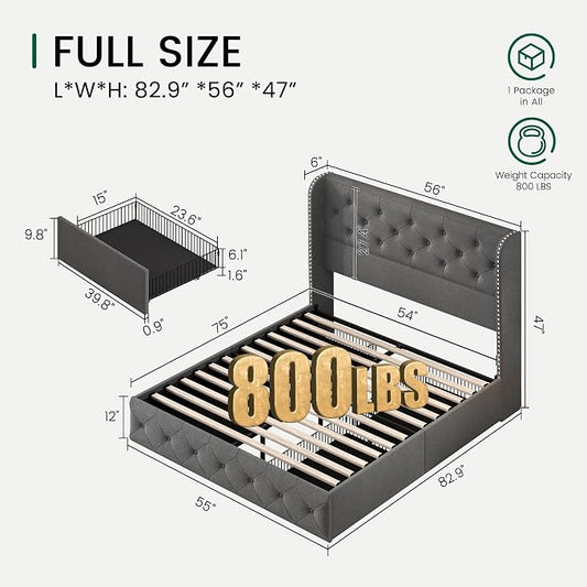 LARMACE Full Size Bed Frame with 4 Storage Drawers and 47.2" Tall Wingback Headboard Linen Upholstered Platform Bed Frame Tufted Beds with Wooden Slats Support, Easy Assembly, Light Grey