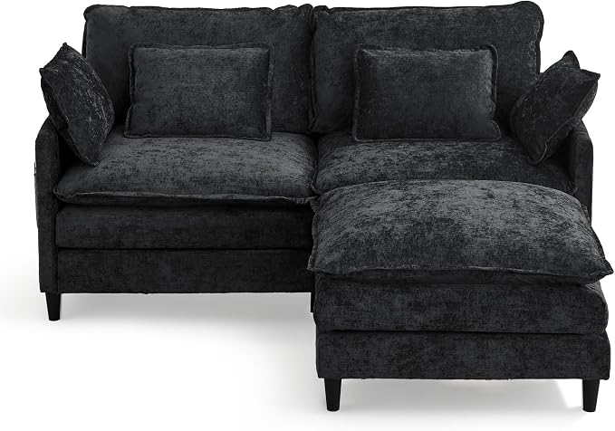 75.3" Chenille Modular Sectional Sofa, Convertible L Shaped Modular Sofa Comfy Cloud Couch with Ottoman, Side Pockets and 4 Throw Pillows for Living Room, Black, 3 Seats
