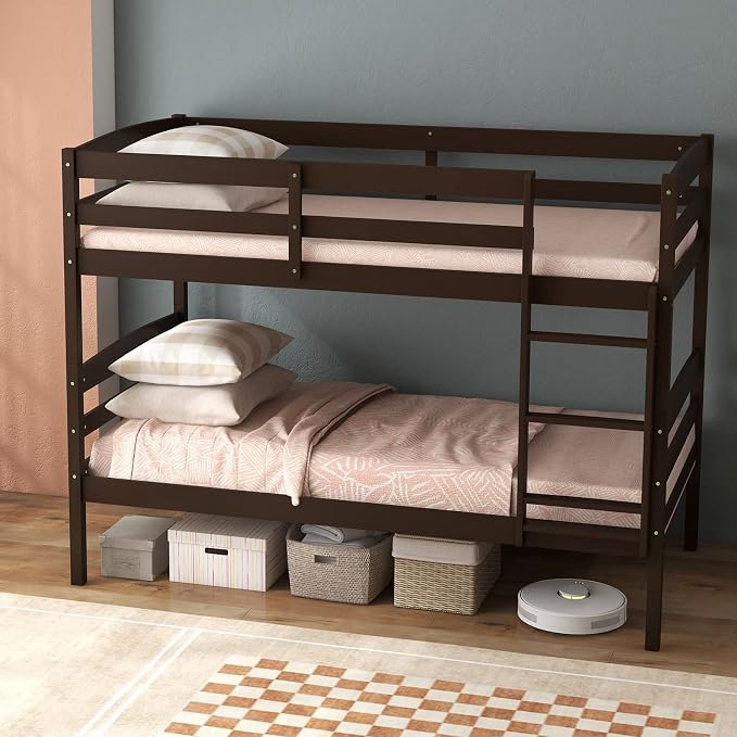 KOMFOTT Bunk Bed Twin Over Twin, Bunk Bed Frame w/Full-Length Guardrail & Integrated Ladder, Wood Bunk Bed for Small Space, Converts to 2 Individual Beds for Kids & Adults, No Box Spring Needed