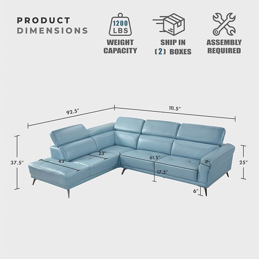 Lexicon L-Shaped Sectional Couch with Left Chaise, Top Grain Leather Match Sectional Sofa, Adjustable Headrests, Black Chrome Metal Legs, High-Density Cushions, Stitching, for Living Room, Blue