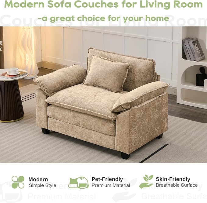 Oprisen Modular Sectional Sofa, Comfy Cloud Couch Sectional Sofa, Chenille Sofa Sleeper Deep Seat Sofa with Throw Pillows for Living Room (Khaki, 53"- Single Seat)