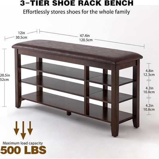 PY HOME & SPORTS Shoe Rack for Entryway 47": 3-Tier Shoe Storage Bench, Adjustable/Removable Shelves, Rubberwood Shoe Benches for Hallway, Porch, Bathroom, Brown