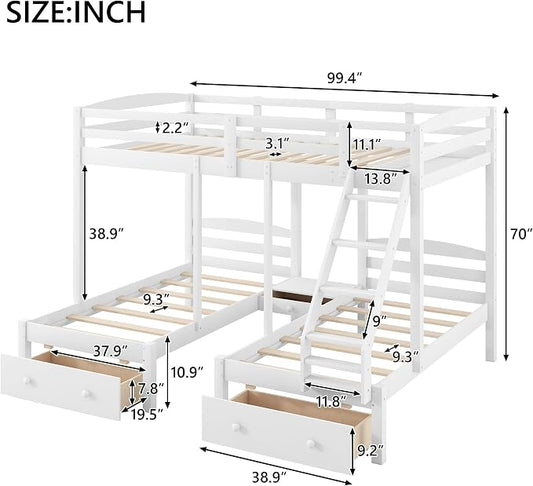 VilroCaz Wood Bed Bunk Bed with 2 Storage Drawers for 3, Full Over Twin & Twin Bunk Bed Frame with Built-in Middle Drawer, Guardrail and Ladder for Kids Teens Adults, Maximized Space Design