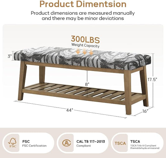 Entryway Bench with Cushion, Upholstered Shoe Rack Bench with Solid Wood Shelf, 44" End of Bed Bench for Bedroom, Chenille Fabric Storage Bench for Entryway, Hallway, Living Room (Textured Grey)