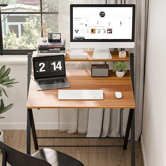 DUMOS Small Folding Desk with Shelf, No-Assembly Foldable Computer Desk for Tight Spaces, Portable Table for Bedroom, Home Office, Dorm or Apartment, Brown