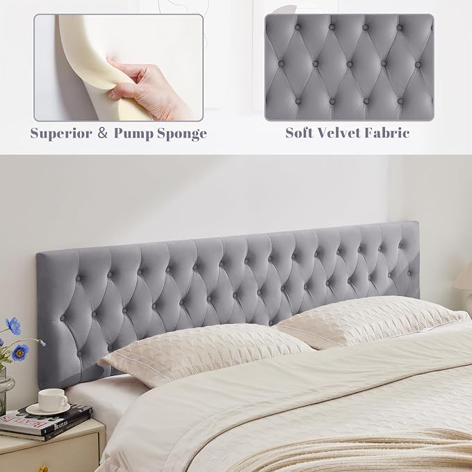 Tufted Upholstered Twin Size Velvet Headboard in Modern Button Design, Adjustable Solid Wood Head Board, Premium Sponge Padded Headboards in Bedroom (Gray)