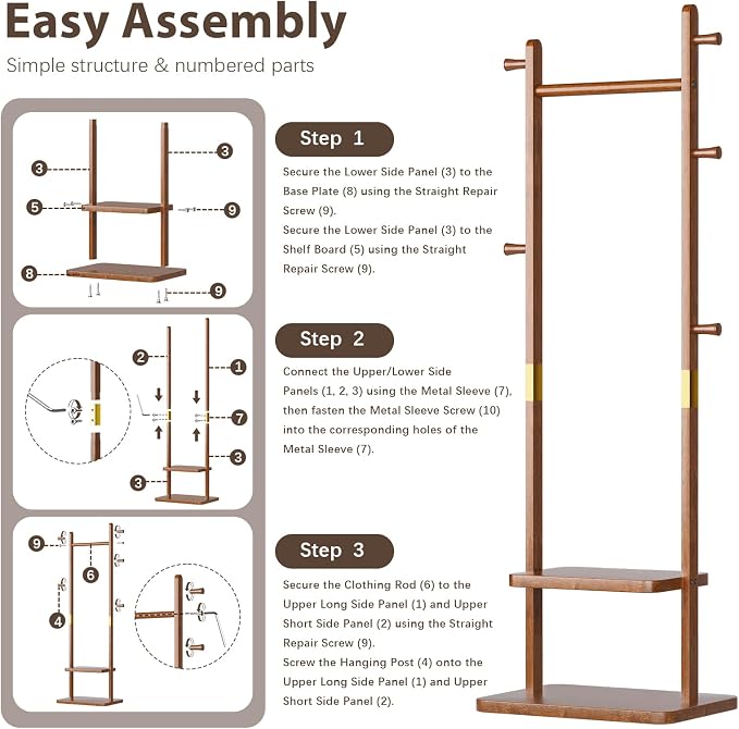 Taitiy Solid Wood Coat Rack, Freestanding Clothing Rack with 2 Shelves Storage & 5 Hooks, Heavy Duty Clothes Rack Stand for Hall, Bedroom, Living Room