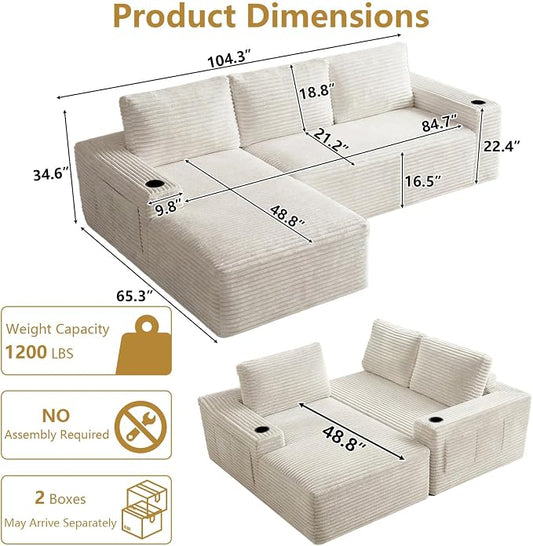 104" Cloud Sectional Couch L-Shaped with Side Pockets Cup Holders, Corduroy Boneless Couch for Living Room,Upholstered Deep-Seat Modular Sectional Sofa, No Assembly Required (White,Left Facing Chaise)