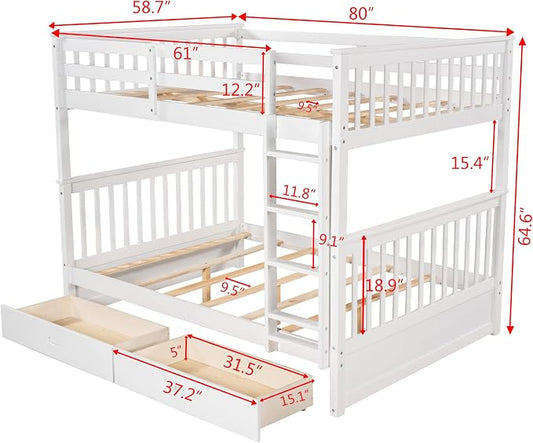 Merax Full-Over-Full Bunk Bed with Two Storage Drawers, Solid Wood Full Size Bunk Bed with Guardrail and Removable Ladder, Can be Converted Into 2 Separate Beds, White