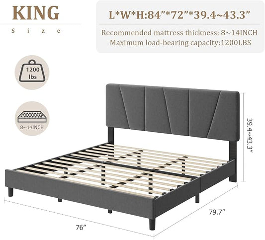 GarveeHome King Size Bed Frame with Upholstered Headboard, Modern Fabric Platform Bed Frame with Wooden Slat Support, Adjustable Headboard, No Box Spring Needed, Noise-Free, for Bedroom