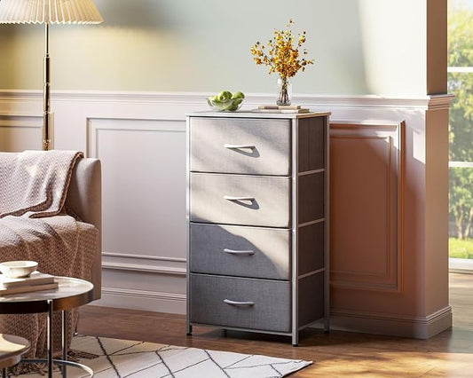 AODK Dresser for Bedroom with 4 Storage Drawers, Small Dressers Chest of Drawers Fabric Dresser with Sturdy Steel Frame, Dressers for Closet with Wood Top, Light Grey