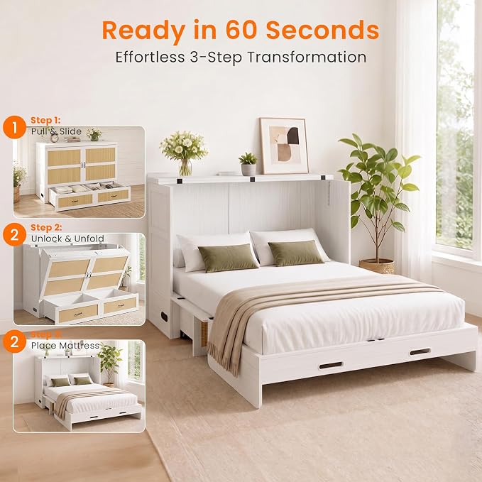 CECER Queen Size Murphy Bed with Mattress for Guest/Small Space-White | Built-in Multi-Port Charging Station & Large Storage Drawer,Space Saving & Easy Assemble and Conversion