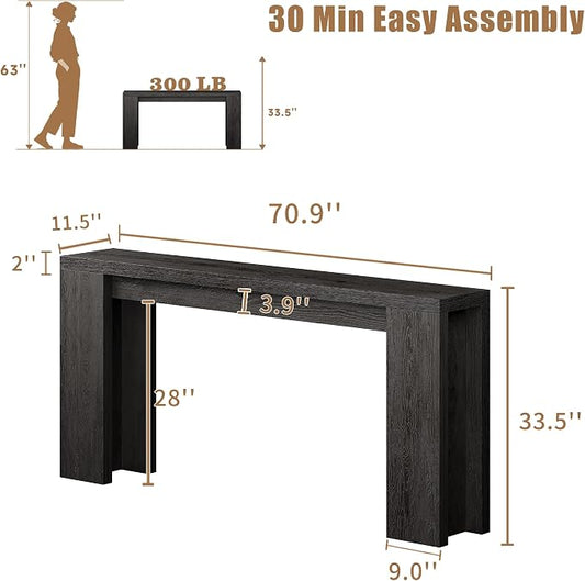 70.9 Inch Extra Long Console Table, Farmhouse Entryway Table with Thickened Base, Wood Sofa Table Behind Couch Table, Narrow Entryway Accent Table for Living Room, Hallway, Entrance, Foyer, Black