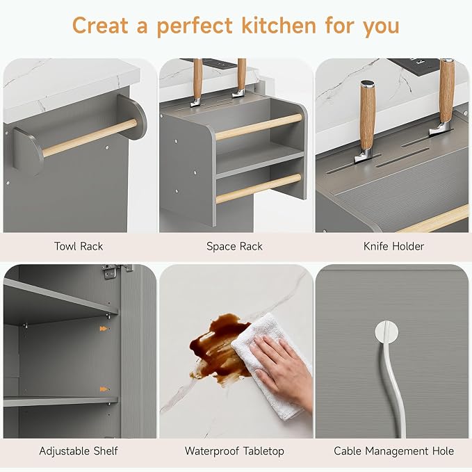ONBRILL 60" Kitchen Island with Power Outlet & Drop Leaf, Rolling Island with Spice Rack & Towel Rack, Kitchen Island Cart with Trash Storage Cabinet, Island Table for Kitchen, Grey+Imitation Marble