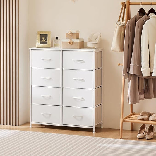 OLIXIS 8 Drawer Storage Dresser with Wood Top - Wide Fabric Chest Organizer for Bedroom, Closet, Living Room,Tower Cabinet, TV Stand, Hallway Entryway Furniture,White