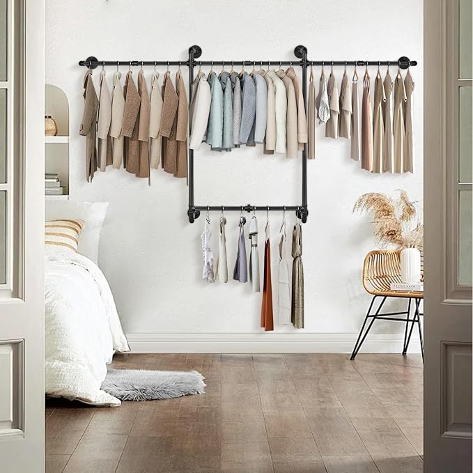 Livabber Industrial Pipe Clothes Rack, Heavy Duty Detachable Iron Garment Rack Wall Mounted, Rustic Saving Space Clothes Bar Multi-Purpose Hanging Rod for Bedroom, Closet, 2 Tier, Black (82 Inch)
