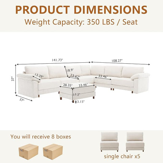 Oversized L Shaped Sectional Couch for Living Room, Extra Large Deep Seat Modular Sectional Sofa with Washable Covers, Modern Cloud Couch for Apartment, Bedroom (Beige, Corner V Shape 7 Seat)
