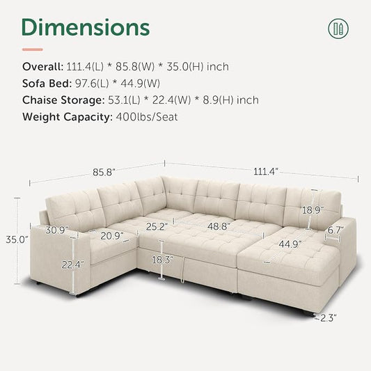 HONBAY Modular Sectional Sleeper Sofa with Pull Out Bed, U Shaped Sleeper Couches with Storage Chaise, 114'' Sleeper Sectional Sofas for Living Room, Apartment (Beige)