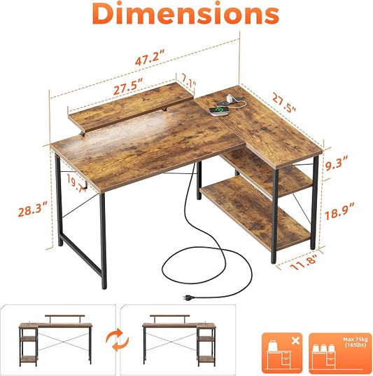 Mericonia Small L Shaped Computer Desk with Power Outlets, Reversible Gaming Desk with Storage Shelves & Monitor Stand, Corner Gamer Desk Table, Study Writing Table