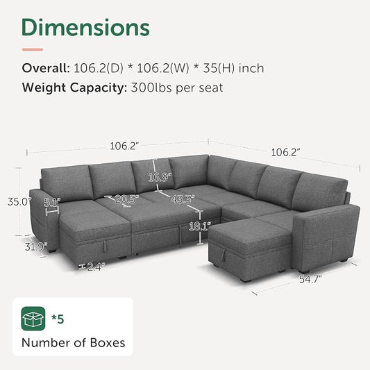 HONBAY Modular Sectional Sleeper Sofa with Pull Out Couch, Oversized U Shaped Sleeper Pull Out Bed with Storage Sectional Couches for Living Room - Dark Grey