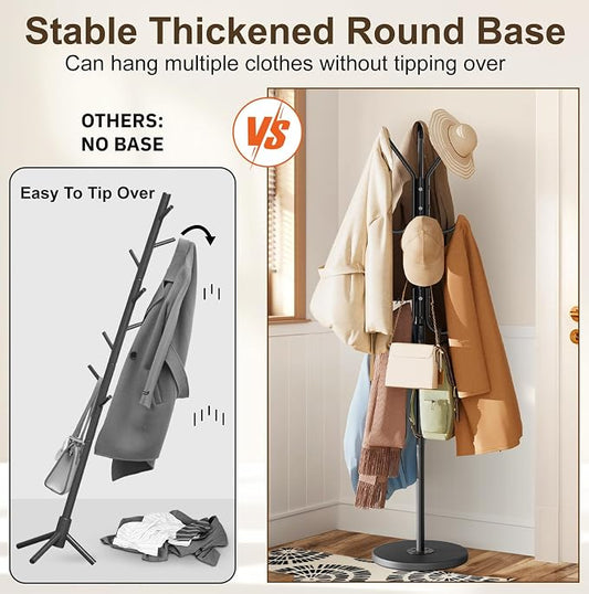 MISSLO Heavy Duty Coat Rack Freestanding with Stable Wood Base Metal Coat Tree with 12 Hooks Coats Hanger Stand Adjustable Clothes Tree for Jackets, Hats, Bags Standing Purse Rack for Bedroom, Office
