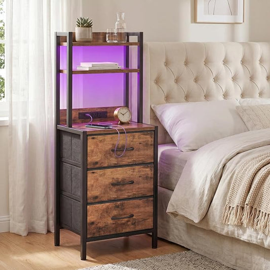Fixwal 41 Inch Tall Nightstand with Charging Station, Led Night Stand with U-S-B Port & Socket, 3 PU Finished Fabric Storage Drawers, Office, Bedside Table & Bookshelf in One, Rustic Brown