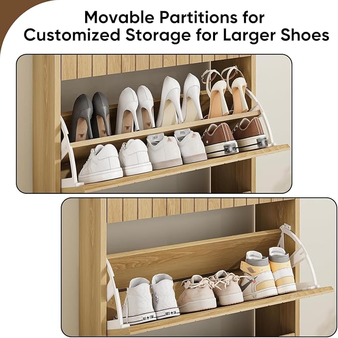 Shoe Storage Cabinet with Vertical Groove Doors 3 Flip Drawers, Narrow Shoe Cabinet Storage for Entryway, Shoe Organizer Cabinet, Slim Shoe Rack Cabinet (Oak)