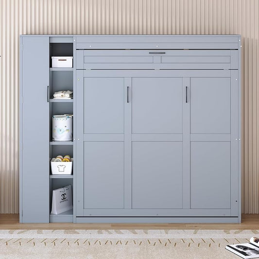 Merax Queen Size Murphy Bed Wall Bed with Shelves, Drawers and LED Lights,Gray