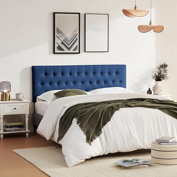 Tufted Upholstered Headboard Queen Size, Adjustable Height 37- 51 in, Blue | Sturdy and Durable Solid Wood Bed Headboard, Fabric Queen Headboard Only, Modern Button Diamond Design Head Board