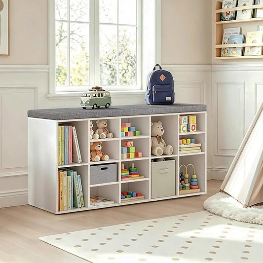DINZI LVJ Shoe Storage Bench, 20-Cubby Shoe Rack Bench with Cushion, Fully Adjustable Shelves, Shoe Organizer for Closet, Entryway, Mudroom, Hallway and Garage, White