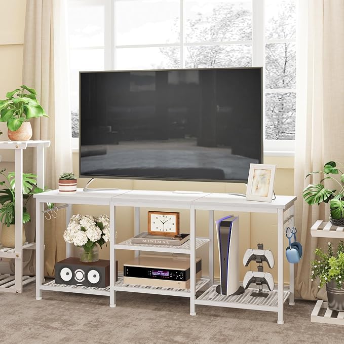 YGEOMER White TV Stand for Up to 50 Inch Tvs, Entertainment Center with Power Outlet and Open Storage Shelves, TV Console Table for Living Room Bedroom