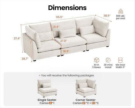 115" Oversized Chenille Couch Modular Sectional Sofa, Washable Cloud Couch Sectional, 3 Seater Sectional Couches for Living Room, Fully Cover Removable, Basic 3 Seater, Chenille, White