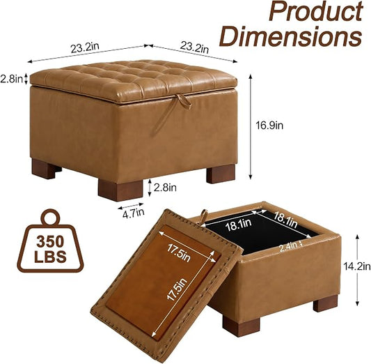 WUTUTUEE 24" Faux Leather Square Storage Ottoman with Wooden Tray, Modern Tufted Button Footstool Coffee Table, Upholstered Small Ottoman for Living Room, Bedroom, Brown
