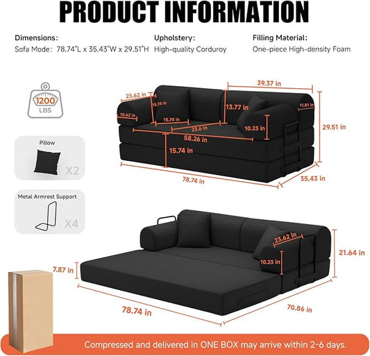78.8" Boneless Memory Foam Couch, Corduroy Convertible Floor Sofa Bed, Fold-Out Sleeper Futon Loveseat, Wide Armrests & Supportive Back, 1200 lb, Couch in a Box, 2 Pillows, Black