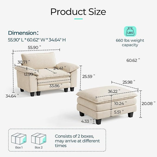 LINSY HOME Cloud Sofa Accent Chair with Ottoman Chaise Lounge Chair Indoor, Corduroy Couch Sofa Chair for Living Room Apartment Bedroom Office, Beige
