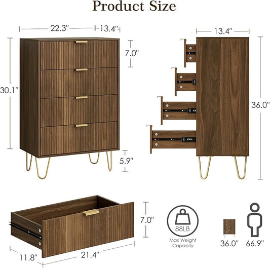 Masupu 4 Drawer Dresser, Drawer Chest, Tall Storage Dresser Chest Cabinet Organizer Unit with Gold Metal Legs, Nightstand for Bedroom, Living Room, Closet, Hallway Walnut Stripe