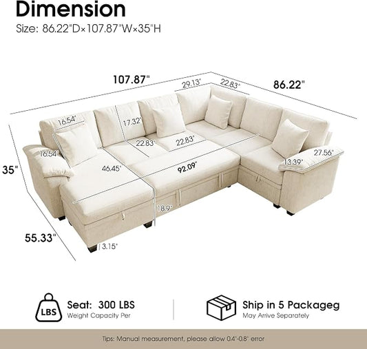 107.8" Modular Sectional Sleeper Sofa with Pull Out Bed, U Shaped 7 Seat Couch with 221L Storage, Convertible Cloud Couch Bed with Ottoman, Sectional Couches for Living Room, Apartment (Beige)