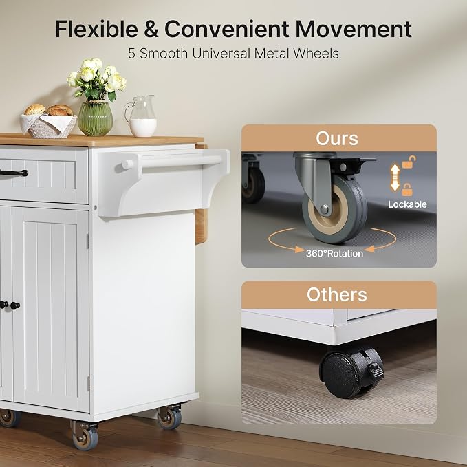 Ahomly Kitchen Island with Storage, 44.49" Kitchen Island with Trash Can Storage, Drop Leaf Rubberwood Top, Knife Holder, Adjustable Shelf, Towel Bar, Drawer, Spice Rack, White