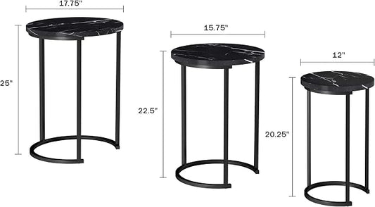 Lavish Home Nesting Tables - Set of 3 Round Side Tables for Living Room, Bedroom, or Home Office - Faux Marble End Table Set - Modern Living Room Furniture (Black)