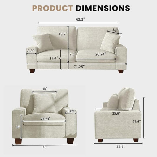 DOPEDIO Modern Living Room Sofa Set, 71.25" Chenille Loveseat with 2 Accent Chairs, Removable Covers, Spring Cushions, Solid Wood Frame, Easy Assembly(71.25inch+2 Single,Beige)