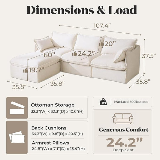 Cloud Modular Sectional Sofa, Oversized Deep Seat Comfort, Linen Blend | Fully Removable Washable Covers, Memory Foam Seat Cushions, Storage Ottoman, Premium Fabric