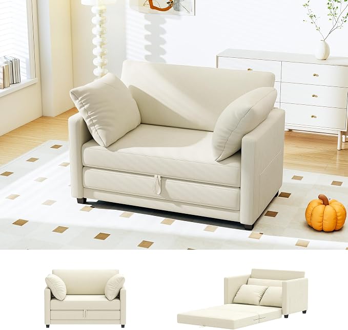 Myroyalsit 51" Convertible Sofa Bed, 2 in1 Folding Sofa Bed, Loveseat Sleeper Sofa for Small Spaces, Fold Out Floor Couch with 2 Pillows for Apartment, Living Room & Guest Room, Beige Chenille Fabric