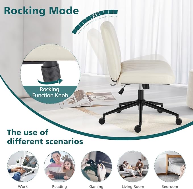 OLIXIS Criss Cross Chair with Wheels Wide Cross Legged Office Desk Vanity Chair Comfy Fabric Armless Adjustable Swivel for Home Computer Task PU Beige