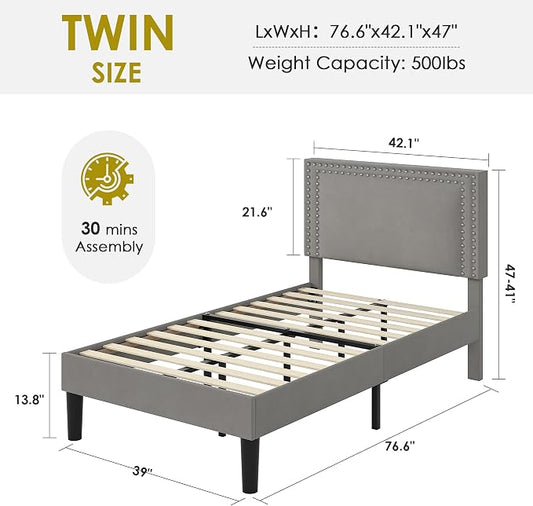 VECELO Twin Size Platform Bed Frame with Height Adjustable Upholstered Headboard, Modern Mattress Foundation,Strong Wood Slat Support, No Box Spring Needed, Easy Assembly, Dark Grey